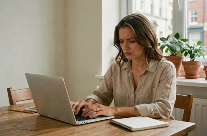 Femme cherchant une location adaptée à son budget sur un ordinateur portable dans un appartement lumineux