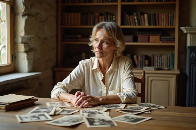 Femme explorant d'anciennes photographies de famille sur une table en bois, ambiance chaleureuse et nostalgique