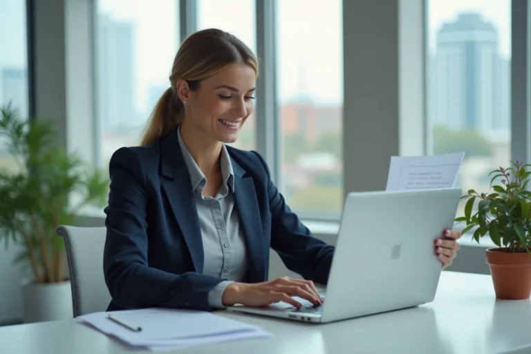 Femme en reconversion professionnelle B2B analysant des documents dans un bureau moderne et lumineux