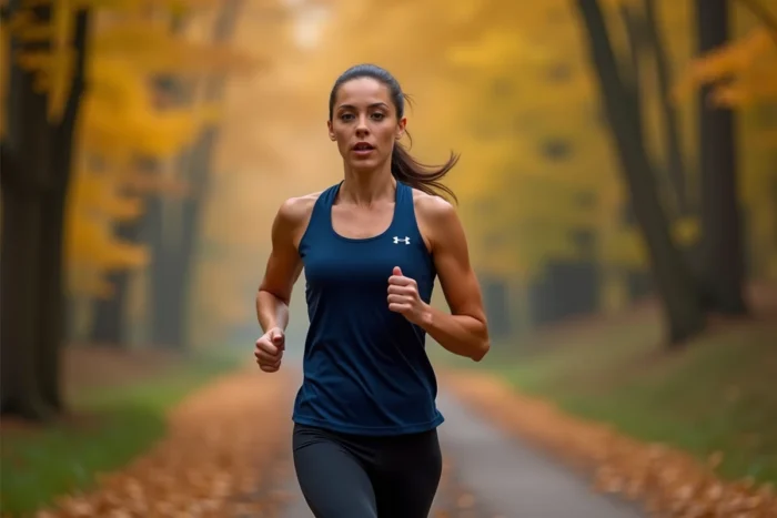 Femme en tenue de running qui court sur un sentier forestier en automne pour améliorer son VO2 Max