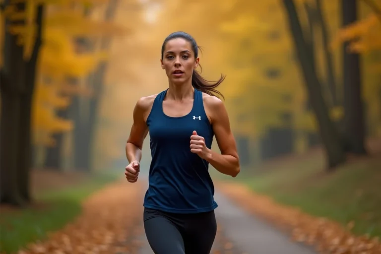 Femme en tenue de running qui court sur un sentier forestier en automne pour améliorer son VO2 Max
