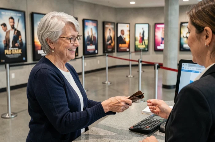 Une femme senior aux cheveux argentés sourit au guichet d'un cinéma en présentant sa carte pour bénéficier du tarif senior