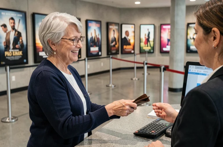 Une femme senior aux cheveux argentés sourit au guichet d'un cinéma en présentant sa carte pour bénéficier du tarif senior