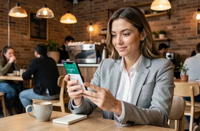 Femme consultant son solde Google Play sur smartphone dans un café moderne pour un transfert vers PayPal