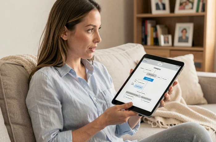 Femme consultant le plan du site Je Suis Maman sur une tablette dans son salon