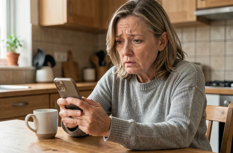 Femme inquiète regardant un numéro de téléphone inconnu signalé comme spam sur son smartphone