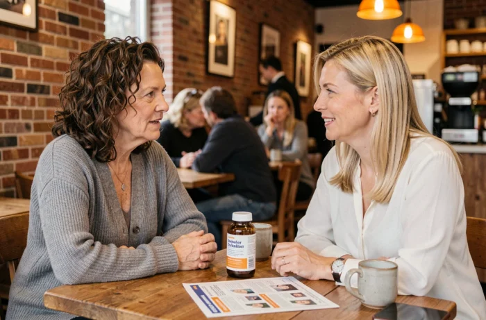 Deux femmes discutant d'avis sur un complément pour les articulations autour d'un café