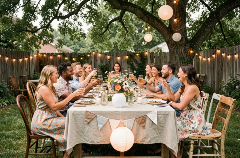 Groupe d'amis adultes célébrant une fête en plein air autour d'une table décorée de fleurs et de guirlandes dans un jardin verdoyant