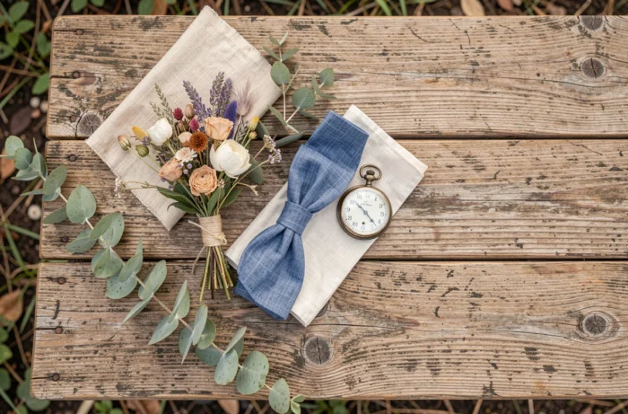 Flat lay champêtre avec nœud papillon en chambray, boutonnière de fleurs séchées et montre de poche sur table en chêne