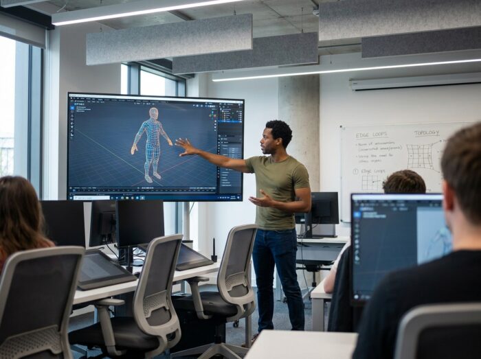 Formateur en animation 3D expliquant la modélisation d'un personnage 3D à des étudiants dans une salle de formation professionnelle