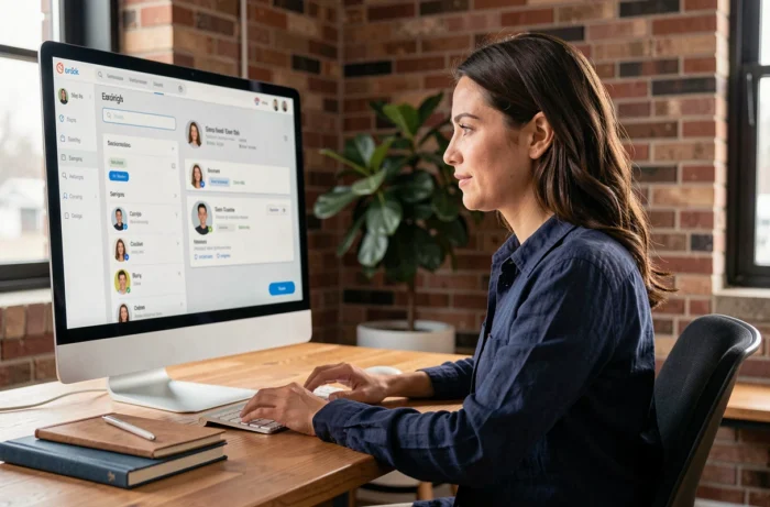 Femme utilisant un tableau de bord numérique pour personnaliser son identité en ligne depuis un bureau à domicile moderne