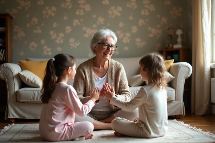 Grand-mère transmettant une comptine traditionnelle à ses petits-enfants dans un salon familial chaleureux