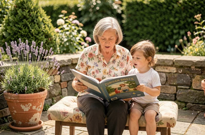 Grand-mère lisant un livre illustré à son petit-enfant sur une terrasse en pierre entourée de lavande et de verdure