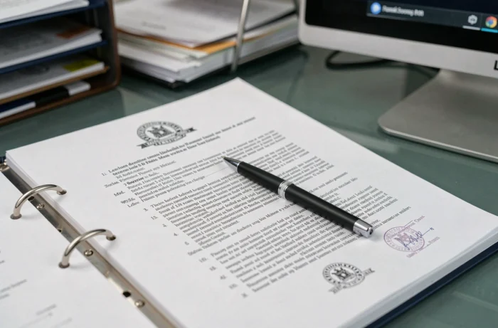 Gros plan sur un classeur de documents légaux officiels avec tampons et clauses numérotées