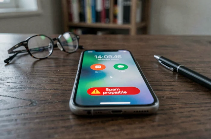 Gros plan d'un smartphone affichant un appel entrant signalé comme spam probable sur l'écran