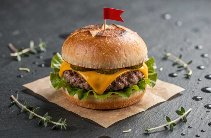 Gros plan d'un mini hamburger apéritif sur ardoise avec couches visibles de cheddar fondu et pain brioché doré