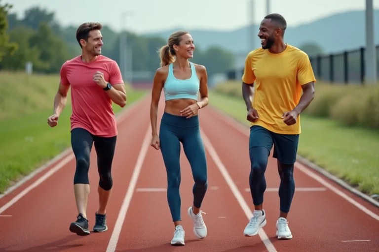 Groupe d'adultes de différents niveaux sportifs s'étirant ensemble sur une piste d'athlétisme en plein air