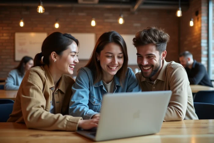 Groupe de jeunes professionnels cherchant un emploi ensemble sur un ordinateur portable dans un espace de coworking