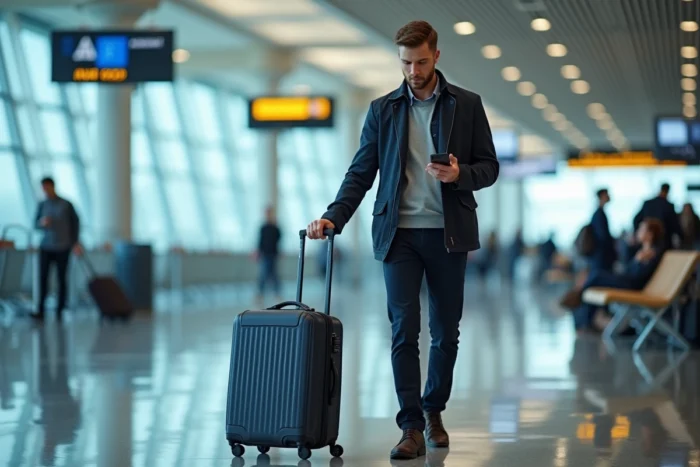 Homme en veste de voyage tirant une valise cabine dans un terminal d'aéroport moderne en consultant son téléphone