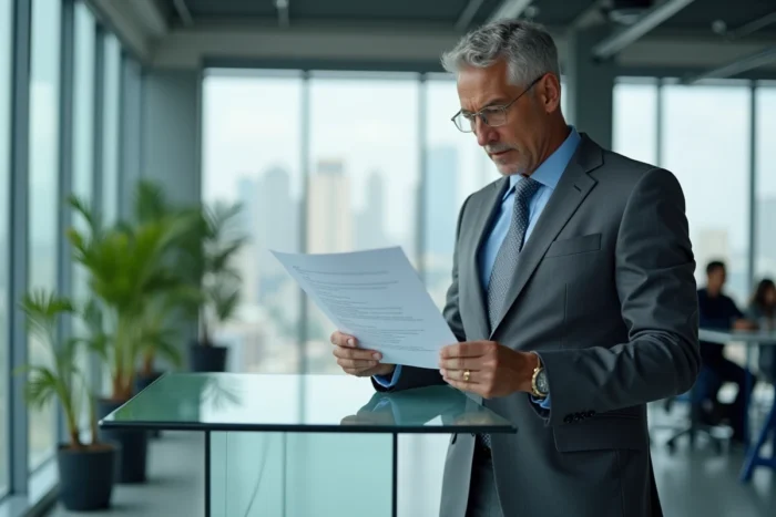 Homme d'affaires en costume gris charbon relisant une lettre professionnelle debout dans un bureau moderne avec vue sur la ville