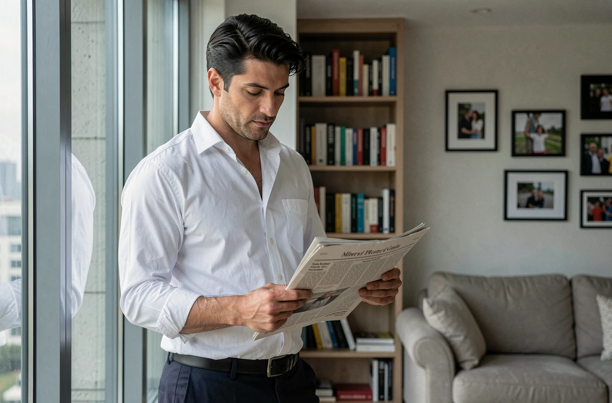 Homme lisant un journal près d'une fenêtre dans son appartement, atmosphère de vie privée et d'intimité