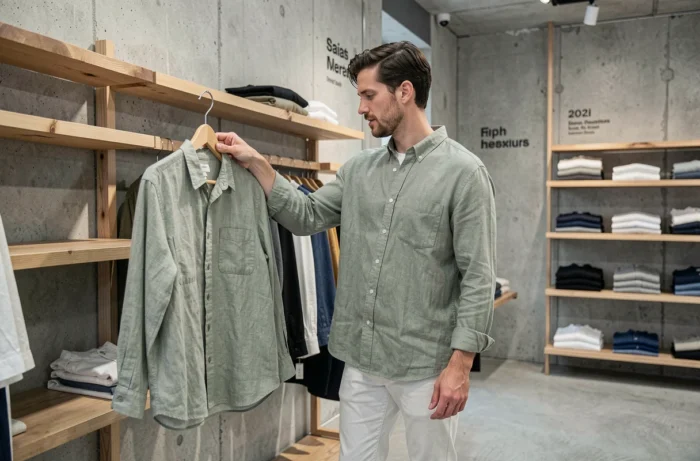 Homme en chemise en lin vert sauge explorant des vêtements dans une boutique de mode minimaliste au design contemporain