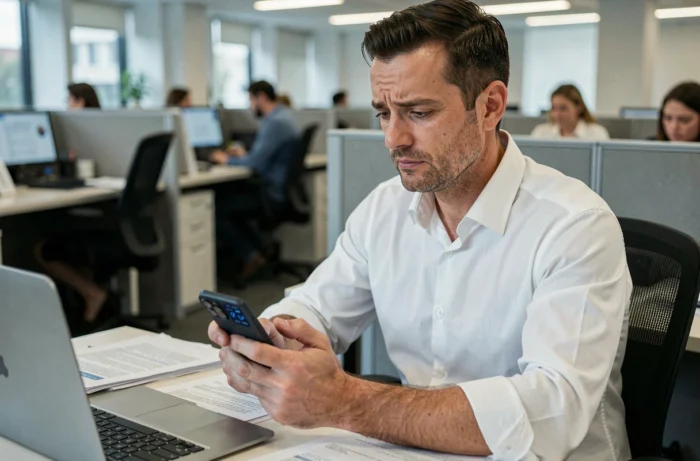 Homme au bureau consultant l'historique d'appels de son téléphone pour identifier un numéro spam