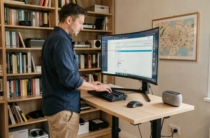 Homme travaillant debout à un bureau ergonomique avec outils technologiques de productivité dans un bureau à domicile à Rennes