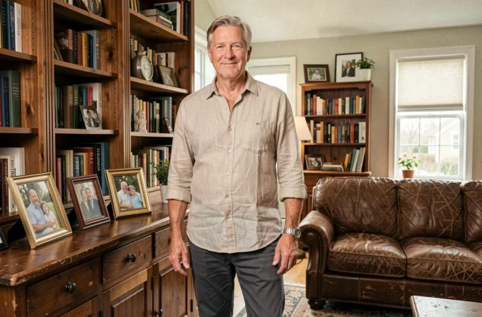 Homme mature posant dans un salon familial chaleureux entouré de photos et de livres