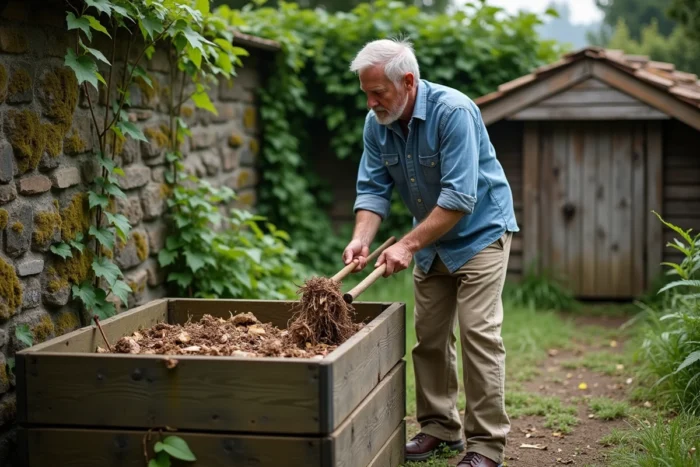 Homme retournant le compost dans un bac en bois de récupération au jardin, pratique écologique de recyclage des déchets organiques