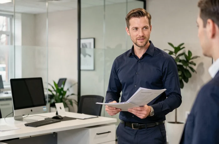 Homme consultant un conseiller financier dans une agence bancaire moderne pour gérer son budget