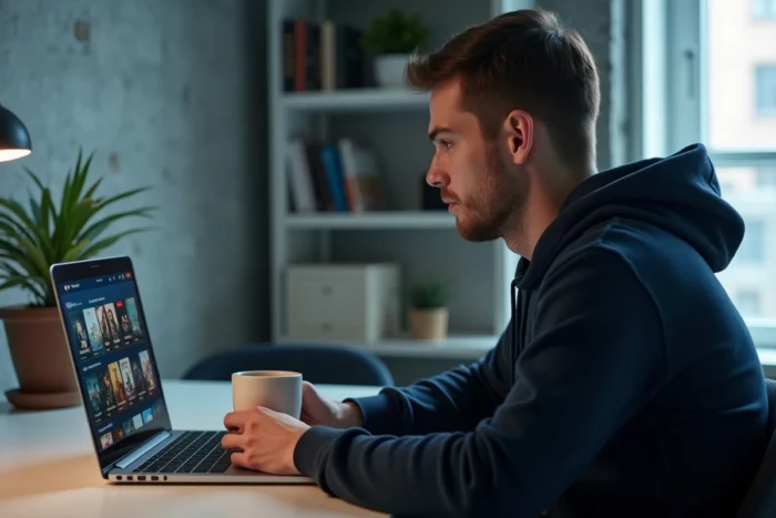 Homme évaluant une plateforme de streaming gratuite sur ordinateur portable dans un bureau moderne
