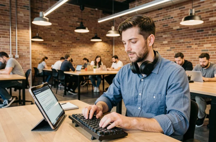 Homme adulte en formation à distance dans un espace de coworking moderne avec tablette et casque audio