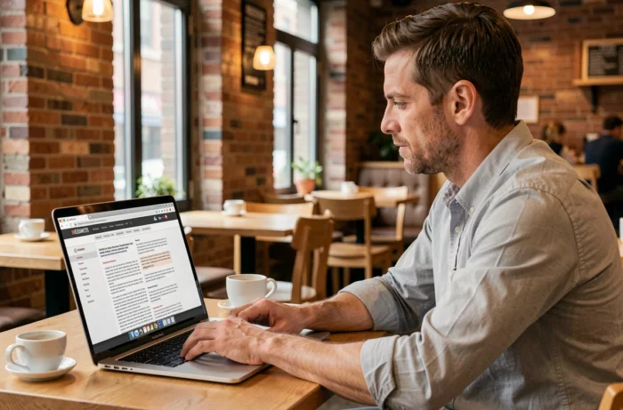 Homme consultant des informations légales d'un site web sur un ordinateur portable dans un café