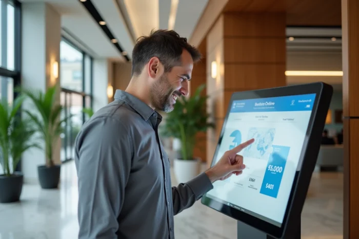 Homme utilisant un kiosque bancaire numérique interactif dans le hall moderne d'une banque innovante