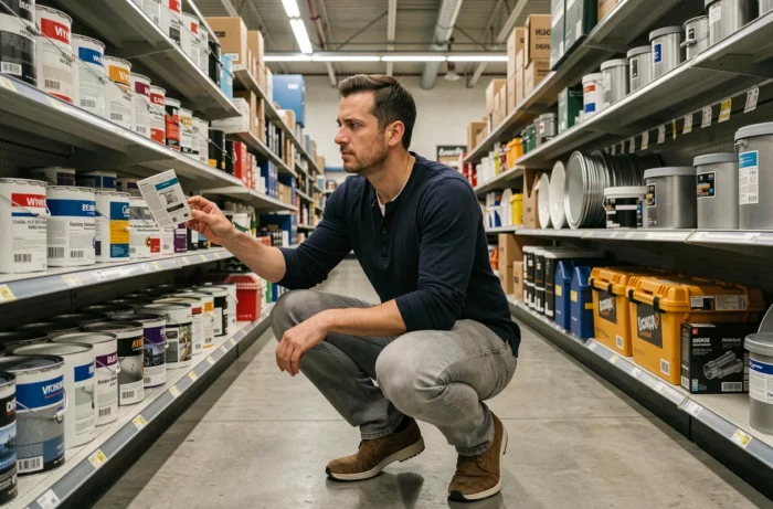 Homme examinant des produits dans un rayon de bricolage, illustrant les connaissances pratiques sur la maison
