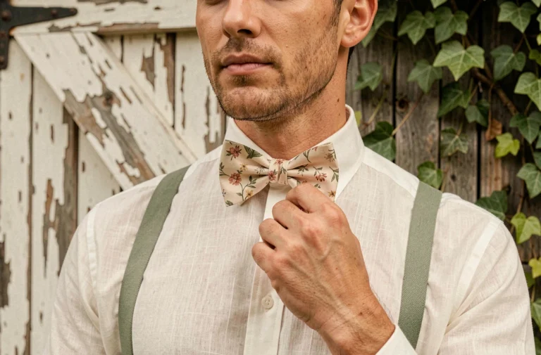 Homme en chemise de lin ajustant son nœud papillon fleuri devant une grange en bois pour un mariage champêtre