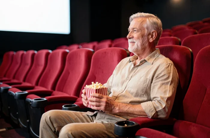 Un homme senior à la barbe blanche profite d'une séance de cinéma assis dans un fauteuil rouge avec du popcorn