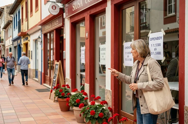 Femme lisant les horaires d'ouverture du dimanche d'un magasin à Dancharia dans le Pays Basque