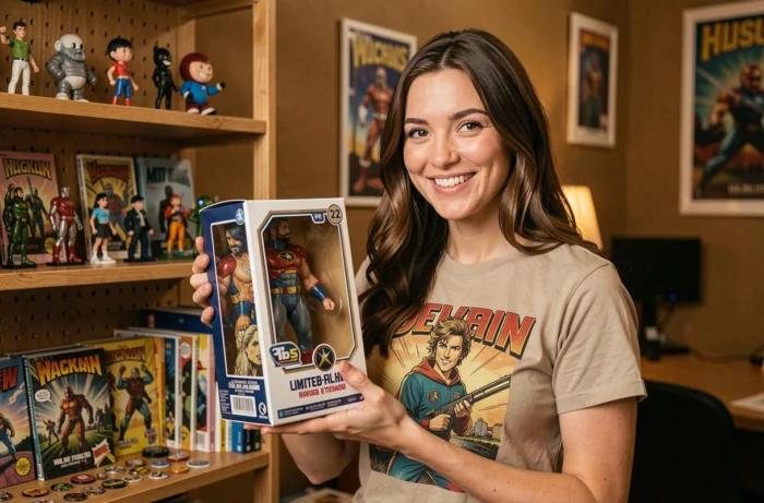 Jeune femme tenant une figurine collector entourée d'objets geek et pop culture sur des étagères en bois