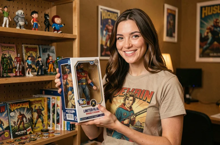 Jeune femme tenant une figurine collector entourée d'objets geek et pop culture sur des étagères en bois