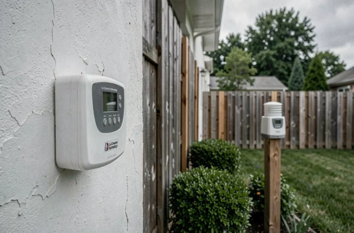 Station météo La Crosse Technology WS6862 installée sur un mur extérieur avec capteur extérieur visible dans un jardin