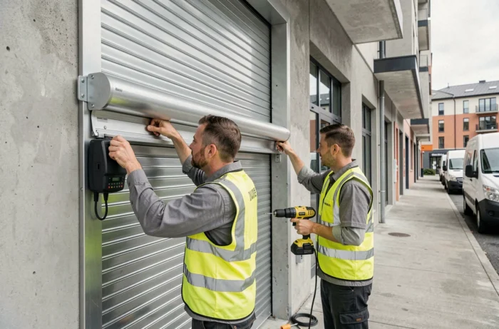 Deux techniciens Atlas Dépannage installant un rideau métallique motorisé sur un local commercial pour une agence immobilière
