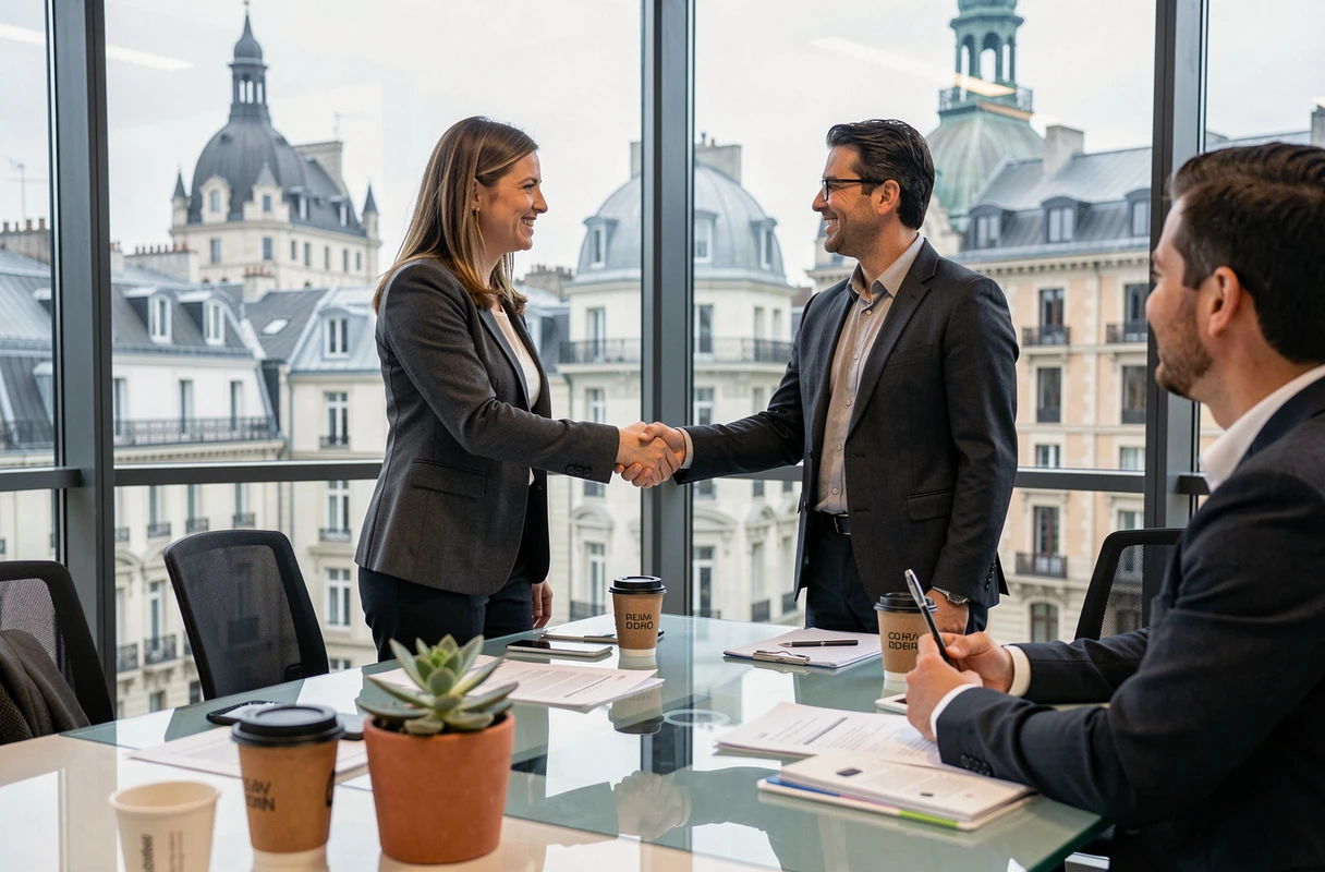 Professionnelle serrant la main d'un collègue local dans un espace de coworking à l'étranger avec vue sur la ville
