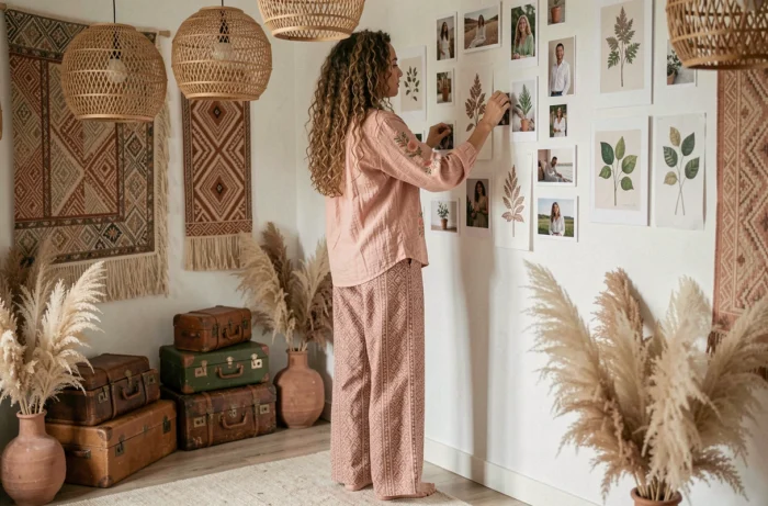 Femme aux cheveux bouclés décorant un appartement bohème avec tapisseries, herbes de la pampa séchées et collection de photographies murales