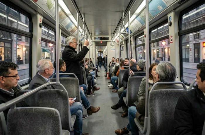 Intérieur d'un tramway de Bordeaux avec des passagers consultant la carte du réseau