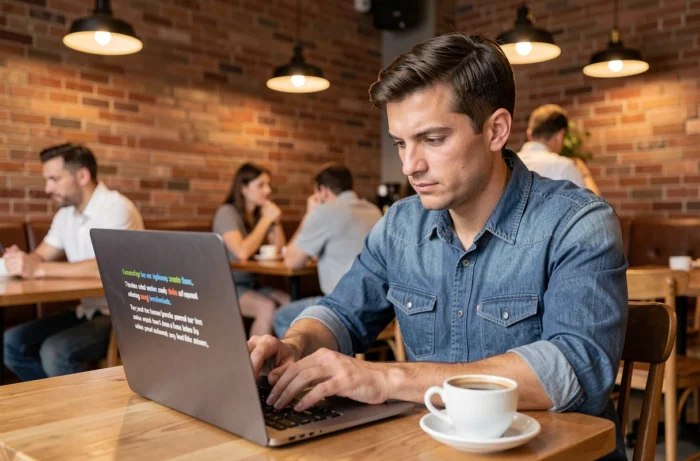 Un homme rédige une introduction en trois phrases dans un café pour accrocher le lecteur dès le début de son article
