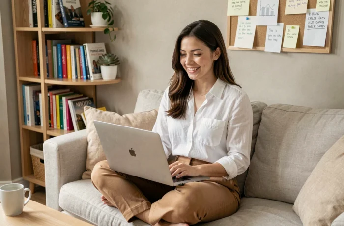 Jeune femme entrepreneuse en télétravail sur son canapé lors d'un appel vidéo professionnel depuis son bureau à domicile