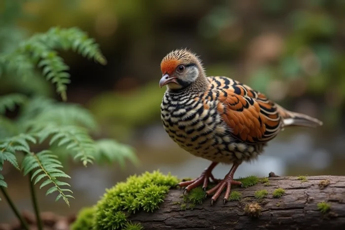 Jeune faisan de six semaines en cours de mue avec plumage naissant perché sur un tronc moussu près d'un ruisseau