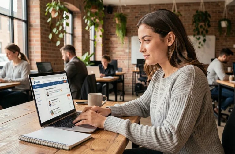 Jeune femme cherchant des offres d'alternance sur un ordinateur portable dans un espace de coworking moderne